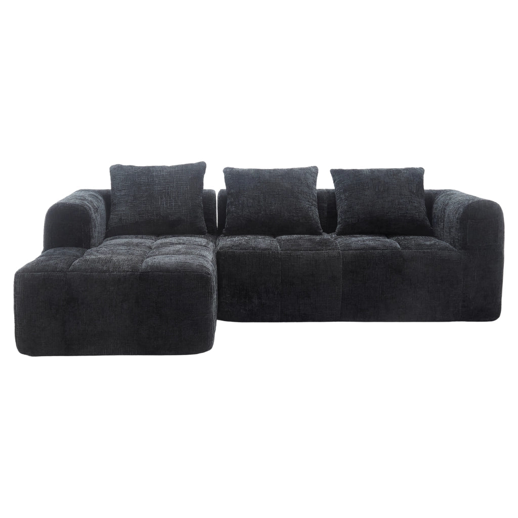 Divano componibile 3 posti con chaise longue e tasche laterali in ciniglia nera, 250x158 cm