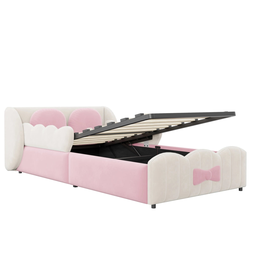 Letto singolo imbottito per bambini 90x200 cm in velluto con contenitore idraulico e due cuscini decorativi beige/rosa