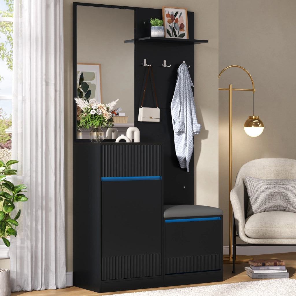 Set guardaroba da ingresso con scarpiera, panca e specchio LED nero HAVRYA