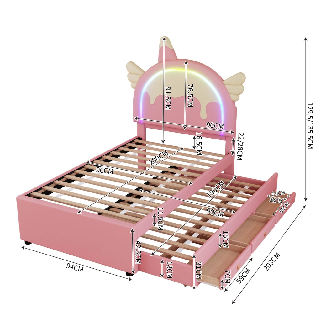 Letto per bambini 90x200 cm a forma di unicorno con letto estraibile in PU rosa