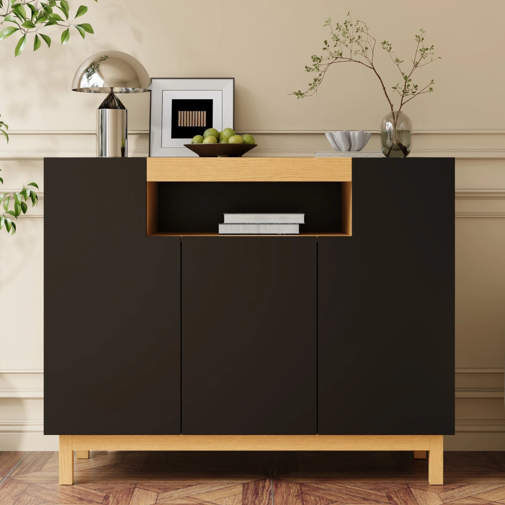 Credenza con tre ante 120;5 cm con vano centrale aperto; pannello truciolare; nera effetto legno