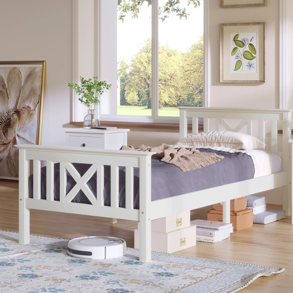 Letto Singolo in Pino Massello con Testiera e Doghe ¨C MINIMAL ¨C Bianco 90x200