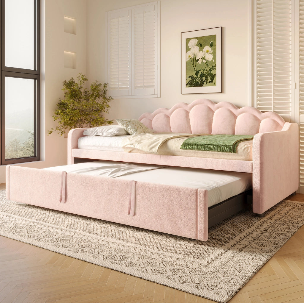 Letto Giorno con Letto Estraibile e LED Multicolore, Velluto Rosa, 90x200 cm (180x200 cm)