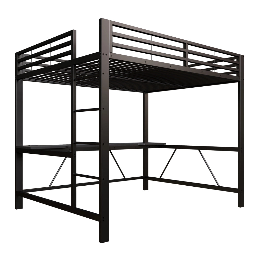 Letto a soppalco 160 × 200 cm con scrivania LED e stazione USB; 24 doghe; metallo e MDF nero