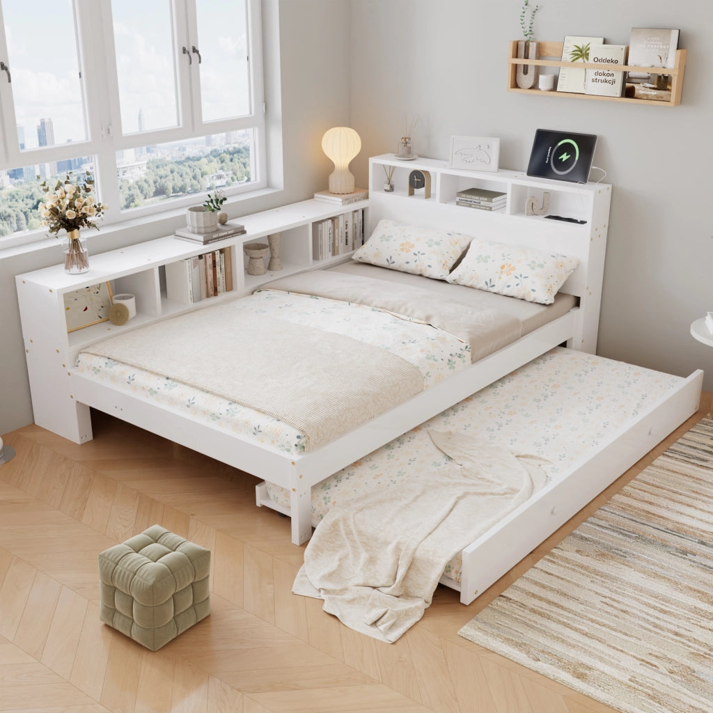 Letto in legno massello 120x200 cm, con letto estraibile 90x190 cm, comprensivo di ripiano portaoggetti e presa di ricarica, bianco