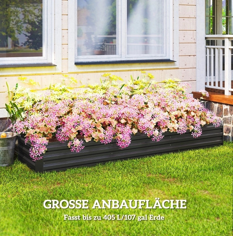 Letto da Giardino Rettangolare 240x60x30 cm, Struttura in Acciaio Zincato e Verniciato, Colore Grigio Scuro, Fondo Aperto