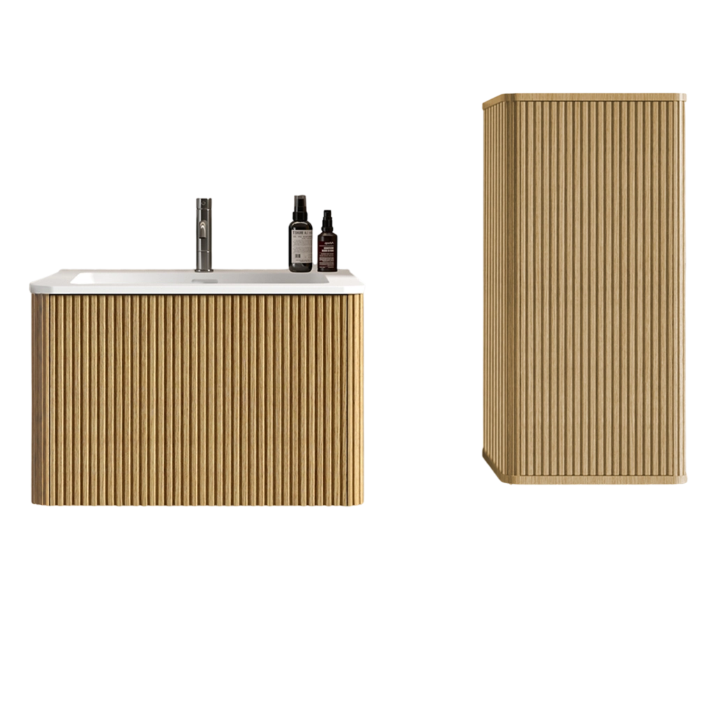 Set mobili bagno sospesi con lavabo in pietra artificiale bianco opaco e armadietti in colore quercia, 60 cm
