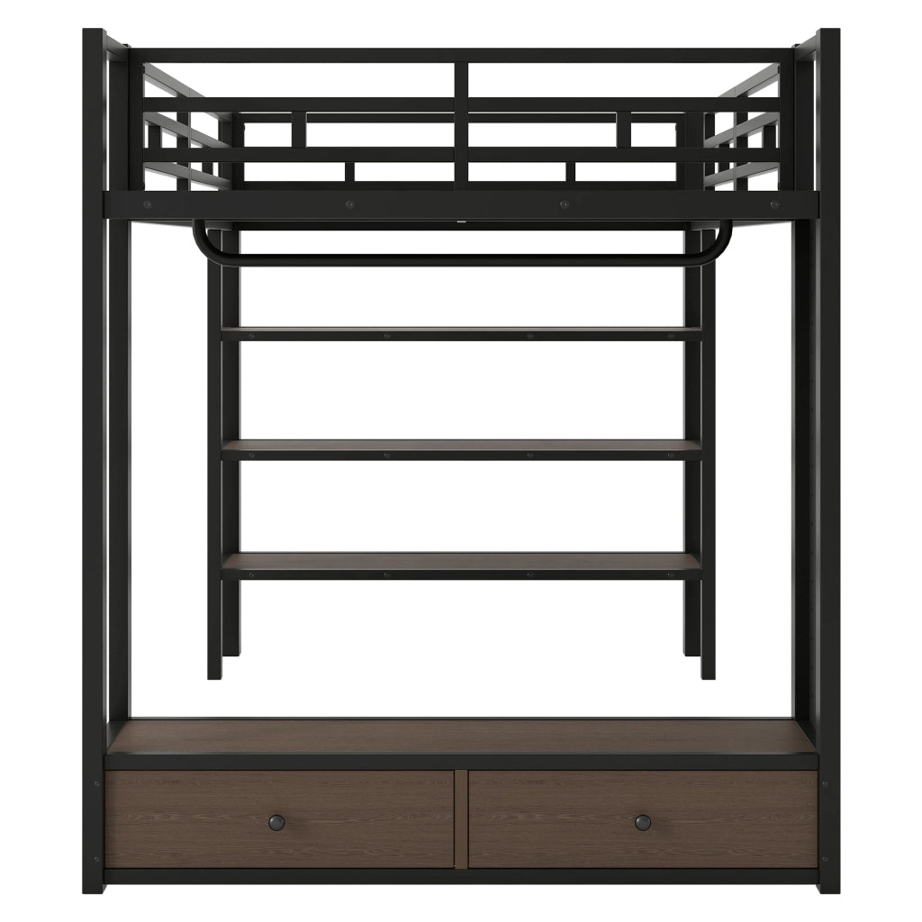 Letto a soppalco 140x200 cm con armadio aperto e LED in MDF e metallo nero
