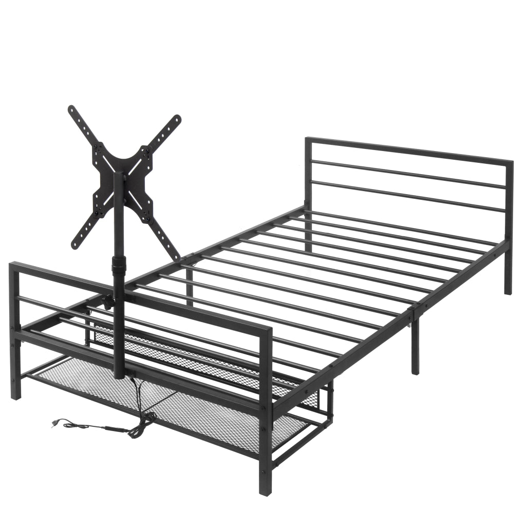 DESMIU Letto adulto in metallo nero con supporto schermo regolabile, LED, cestello portaoggetti, senza materasso