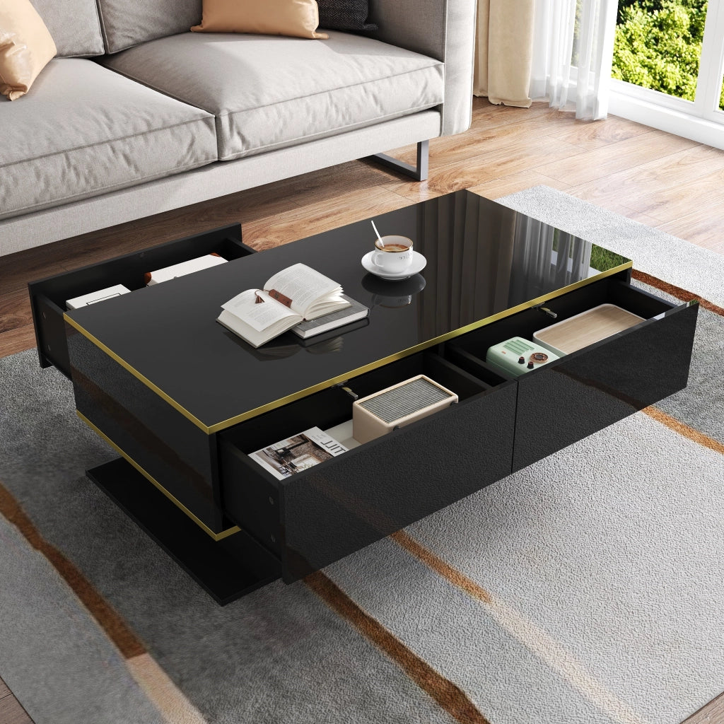 Tavolino da salotto LED con 3 cassetti e vano aperto, finitura lucida con decori dorati, nero, 100 × 50 × 40 cm