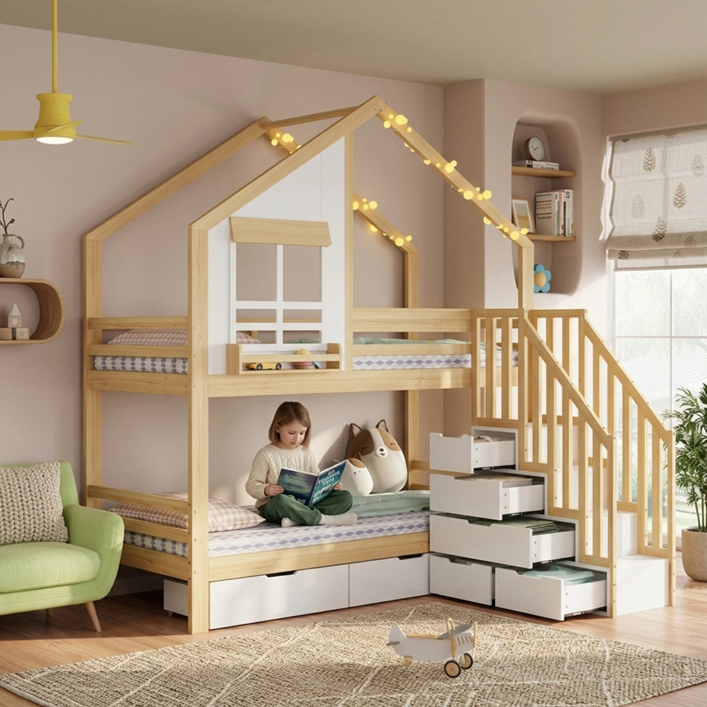 Letto a castello per bambini 90x200 cm in pino e MDF; a casetta; bianco e naturale; con scala contenitore e cassetti