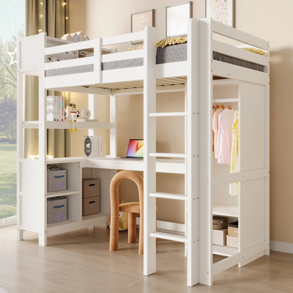 Letto a soppalco 90x200 cm con scrivania; armadio e scaffali; bianco