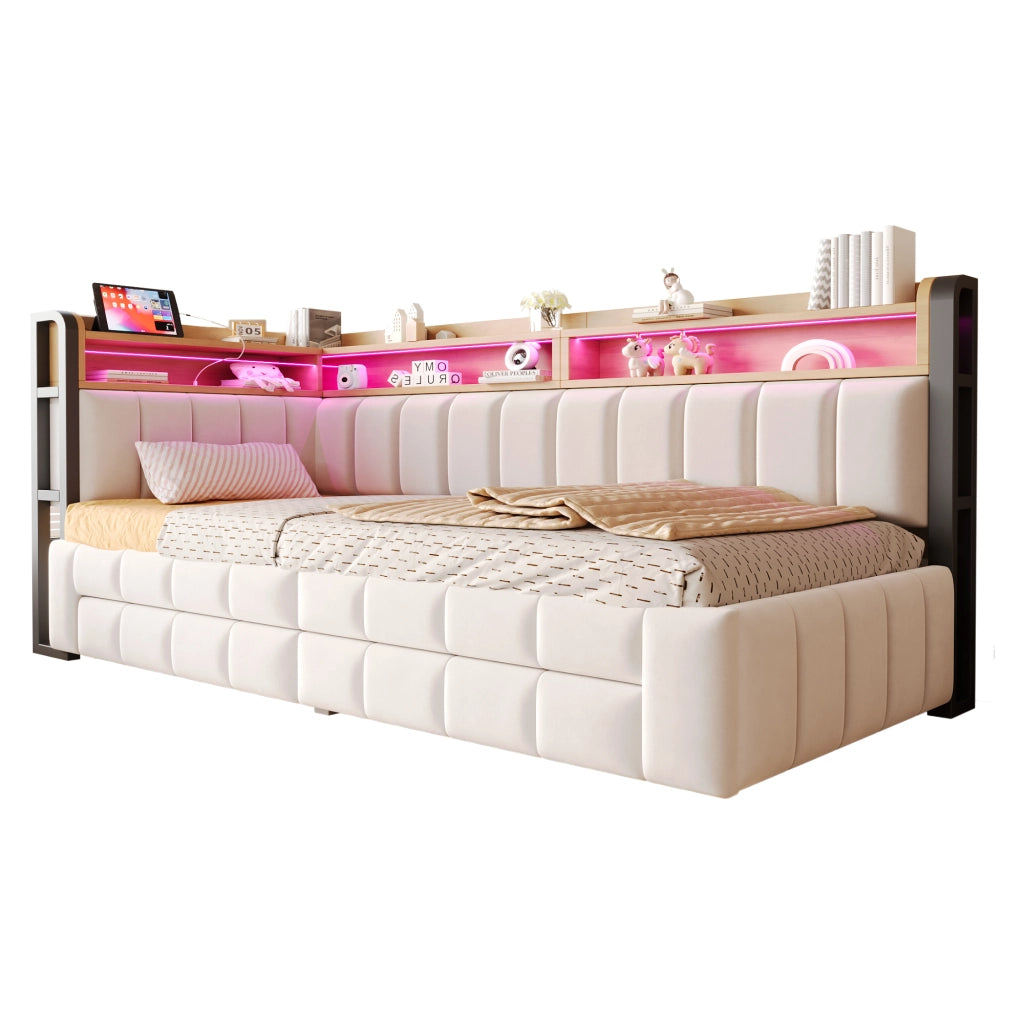 Divano letto 90x200 cm estraibile 180x200 cm con LED; USB e Type-C; cassetti; velluto beige