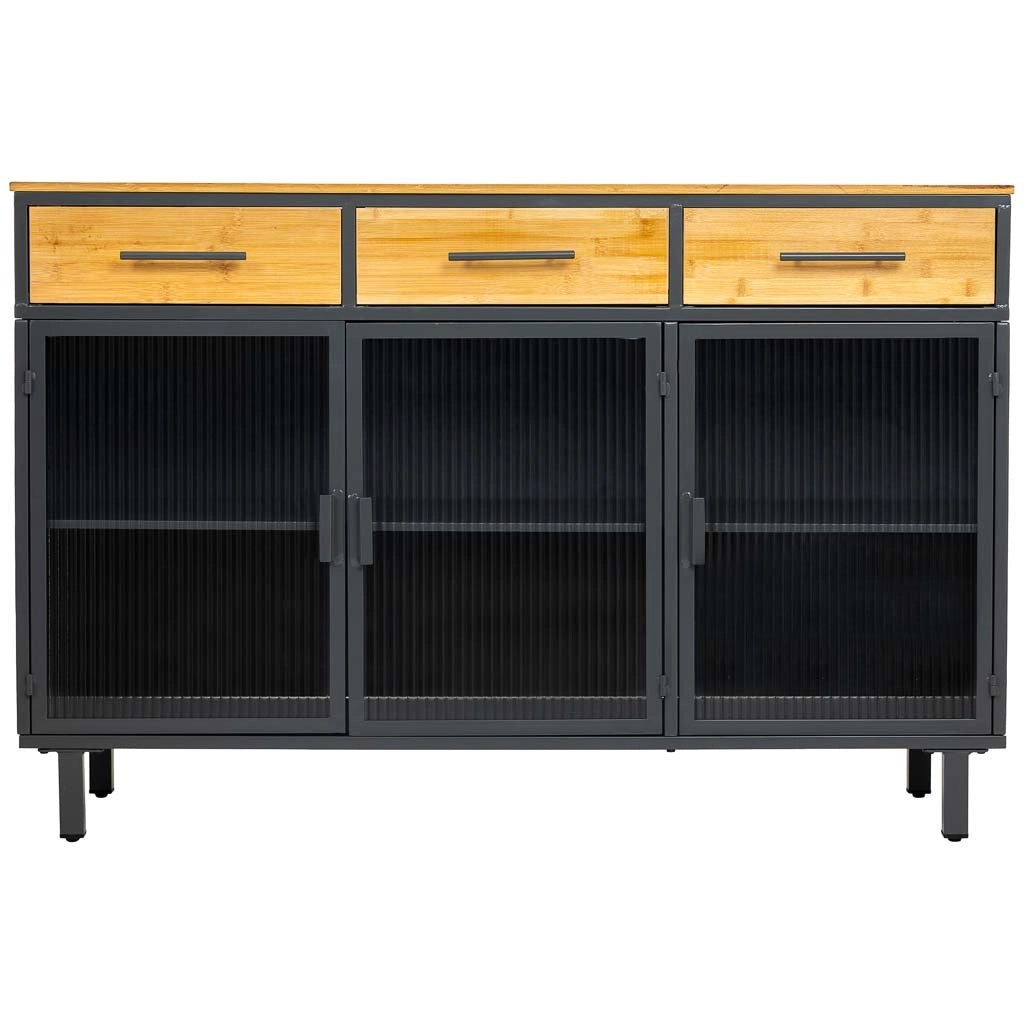 Credenza in vetro, metallo e legno 3 cassetti nero 120x35x79,5h cm