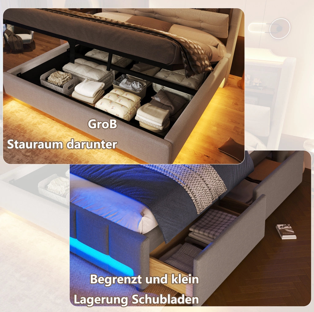 Letto imbottito 140x200 cm beige con LED, vano idraulico e USB