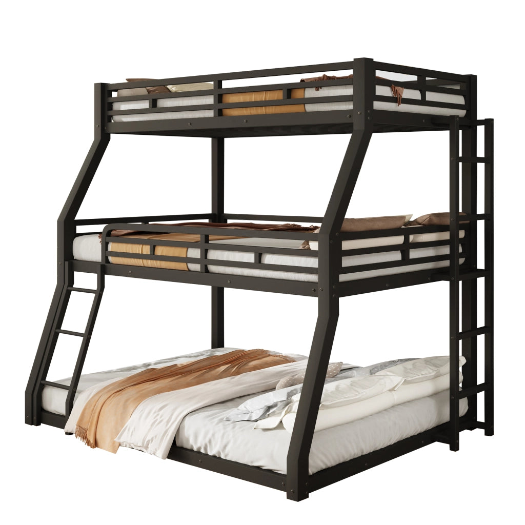 Letto a castello triplo in metallo nero con scala reversibile; 90/120/140 x 200 cm