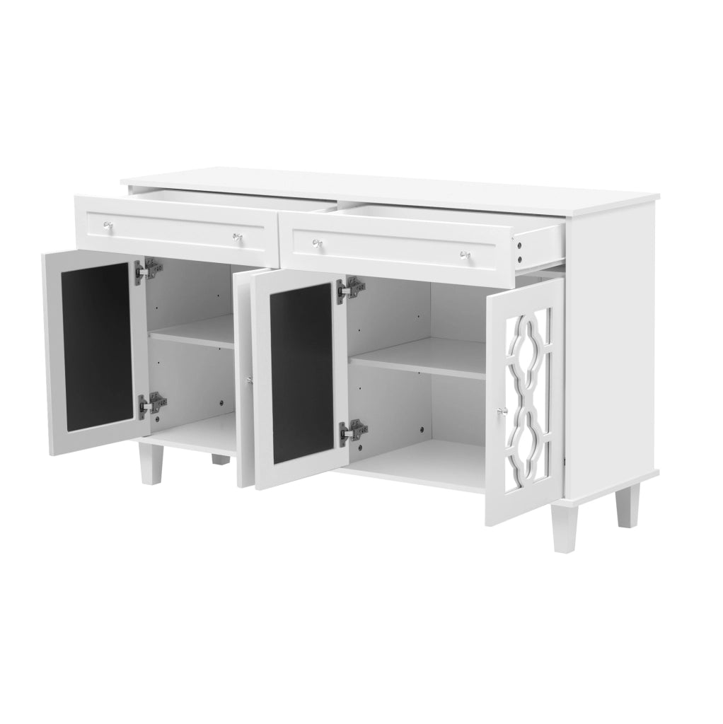 Credenza da 140 cm con 4 ante a specchio e 2 cassetti in MDF bianco