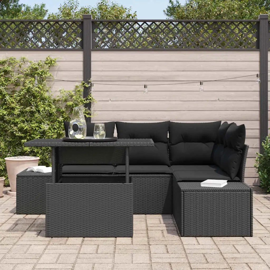 Set Divano da Giardino con cuscino 5 pcs Nero polyrattan