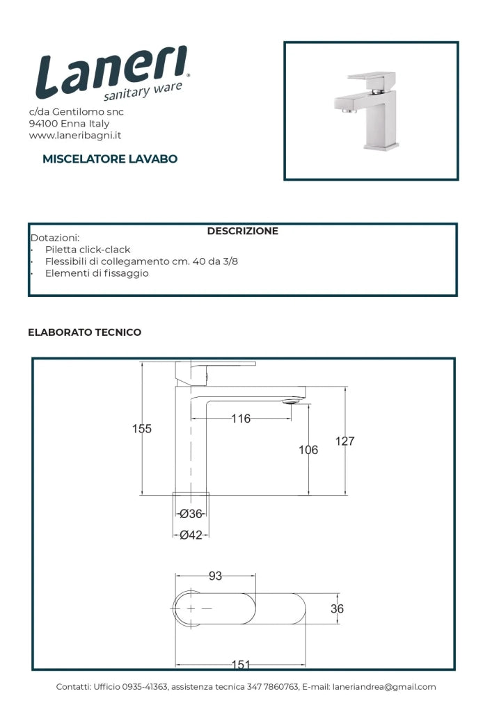 Set Rubinetteria Per Bagno da design squadrata moderna con piletta click clack inclusa -  LAVABO MISCELATORE