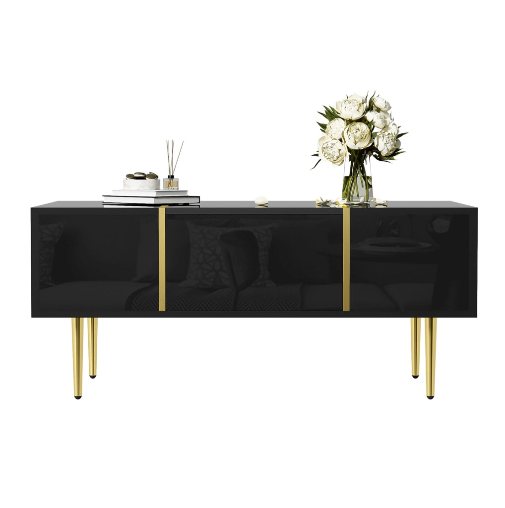 Tavolino da salotto moderno nero lucido con 2 cassetti e dettagli dorati, 100x60x41,5 cm