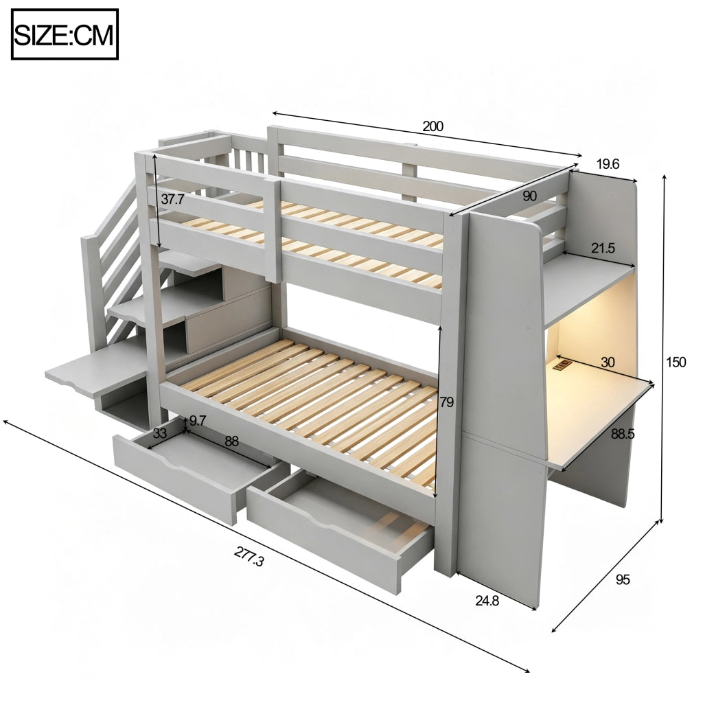 Letto a castello 90x200 cm con scrivania; libreria; scala contenitore; LED e cassetti; grigio