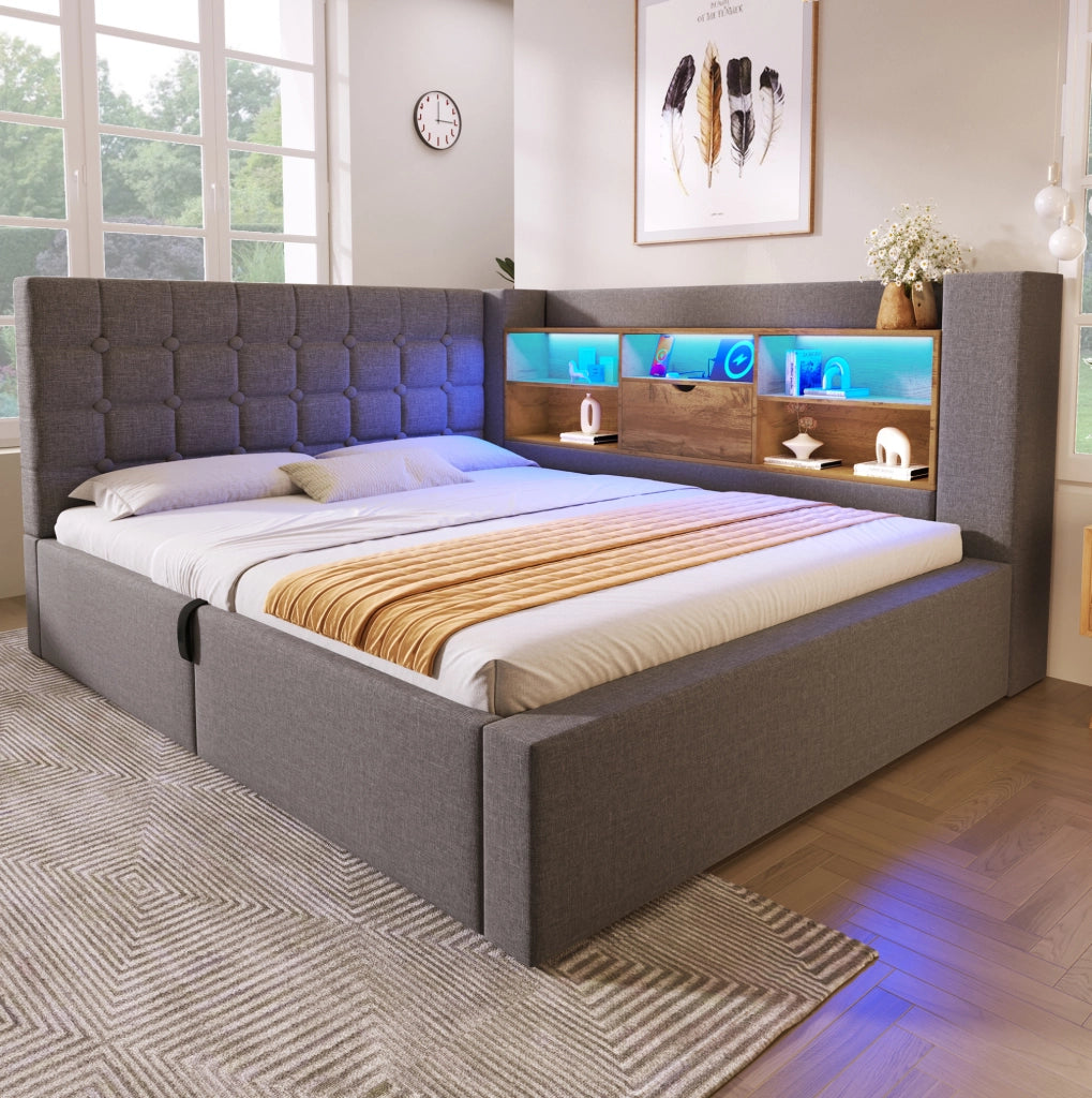 Letto 140x200 cm con contenitore idraulico; LED e porte USB in lino grigio