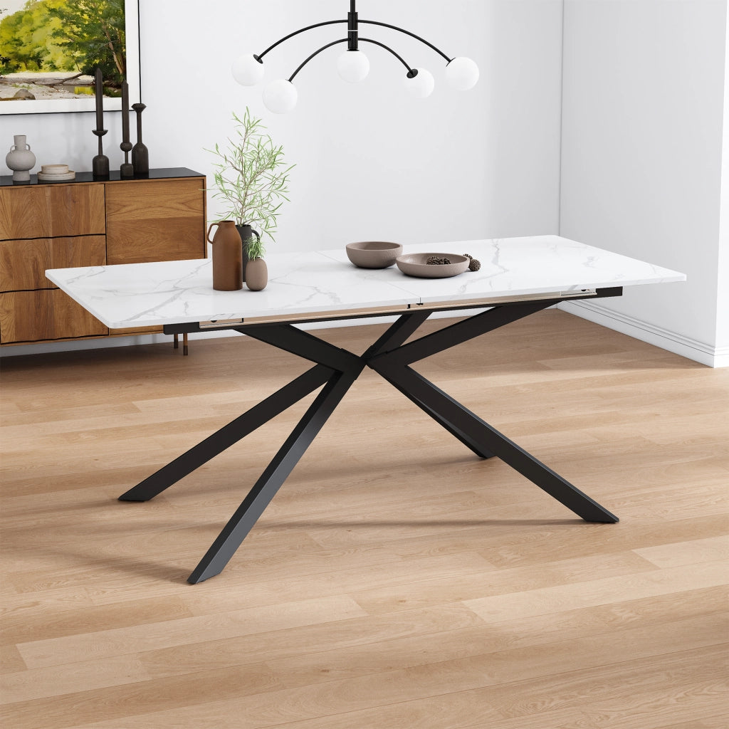Tavolo da pranzo allungabile 180x70 cm; struttura a gambe incrociate; MDF e metallo nero e bianco