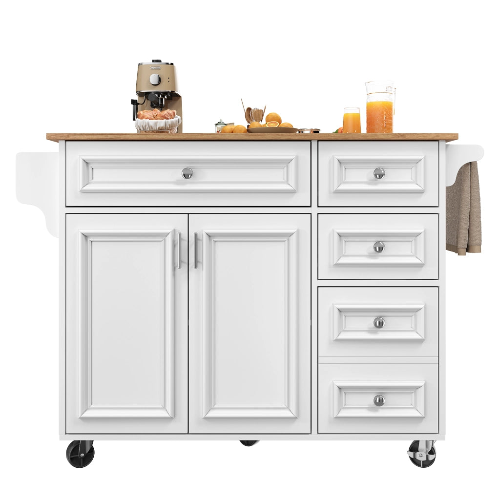 Carrello da cucina con piano pieghevole, cassetti, ripiani regolabili e mensola laterale in MDF bianco per cucina