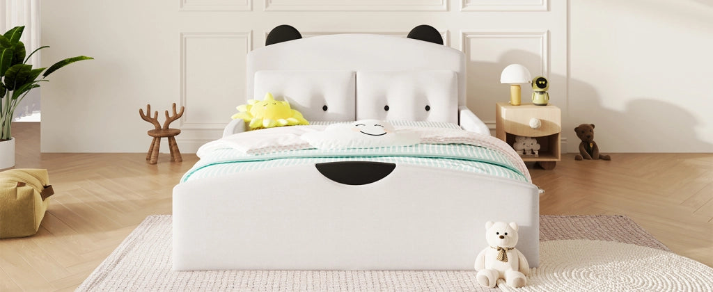 Letto a piattaforma 140 × 200 cm con testiera imbottita a orsetto in lino bianco e 2 cuscini decorativi