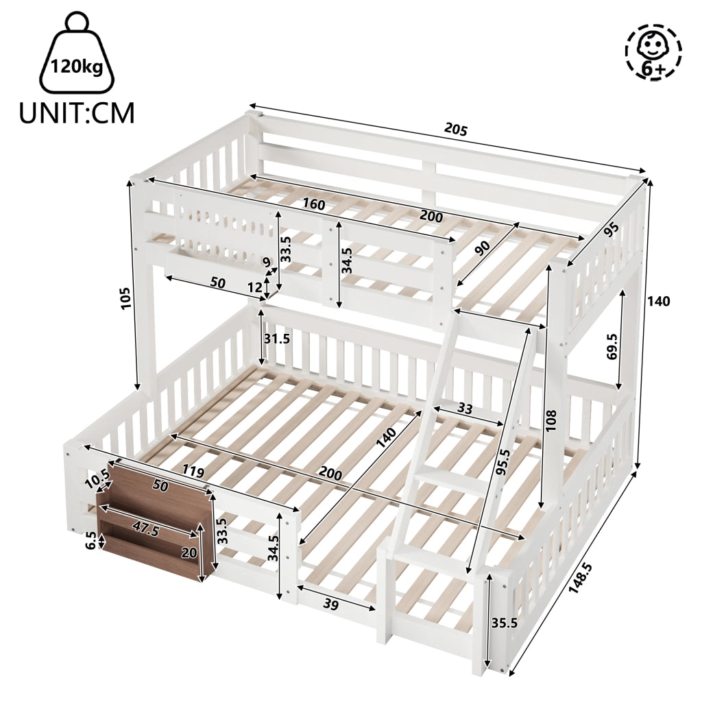 Letto a castello 3 posti 90 x 200 e 140 x 200 cm con contenitori e scaletta, letto per bambini bianco in pino, MDF e metallo con sponde di sicurezza