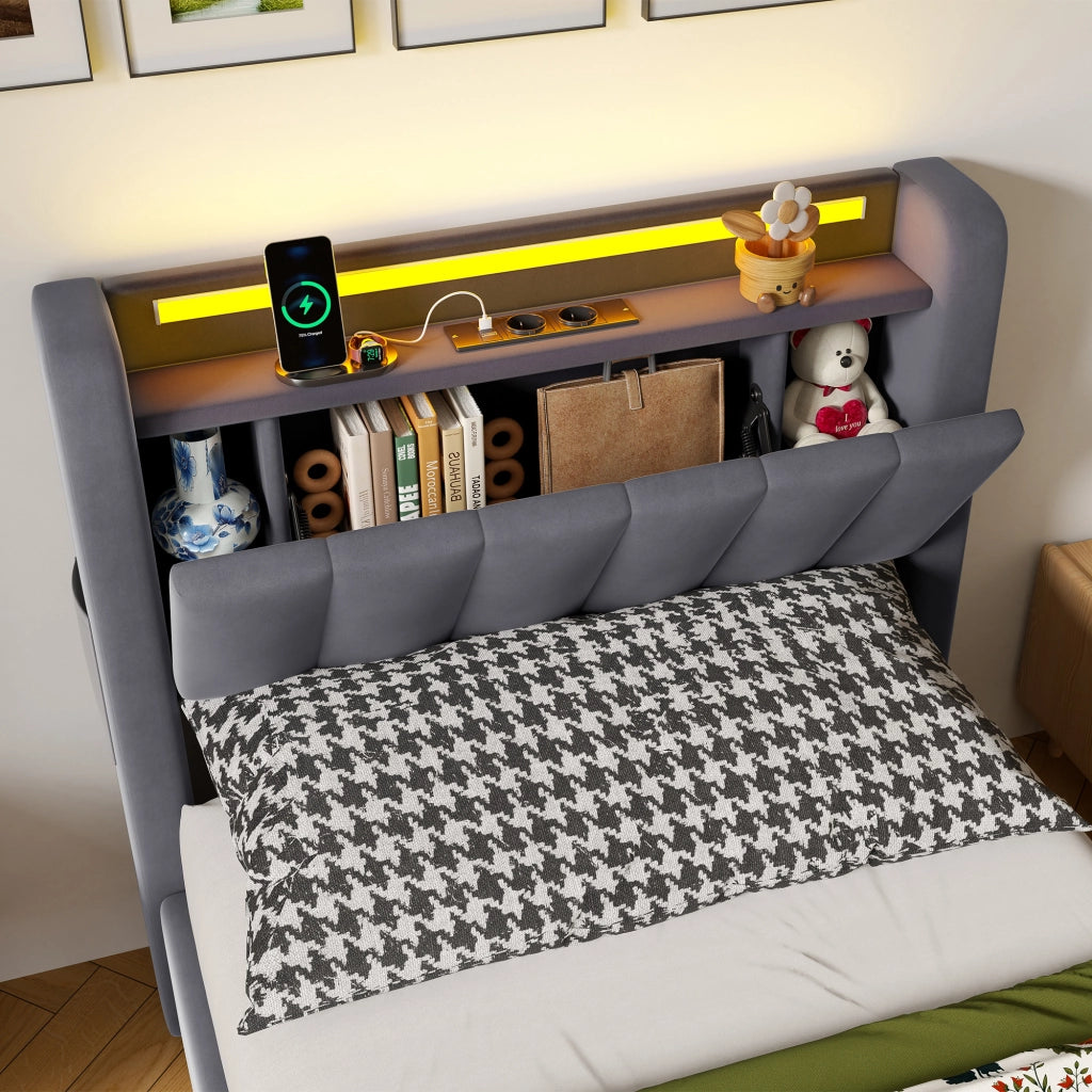 LETTO Imbottito 90 x 200 cm in Velluto con Contenitore, LED e USB",
"description