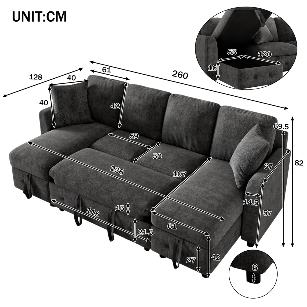 Divano letto a U estraibile 260x128 cm in ciniglia grigio scuro con USB e USB-C