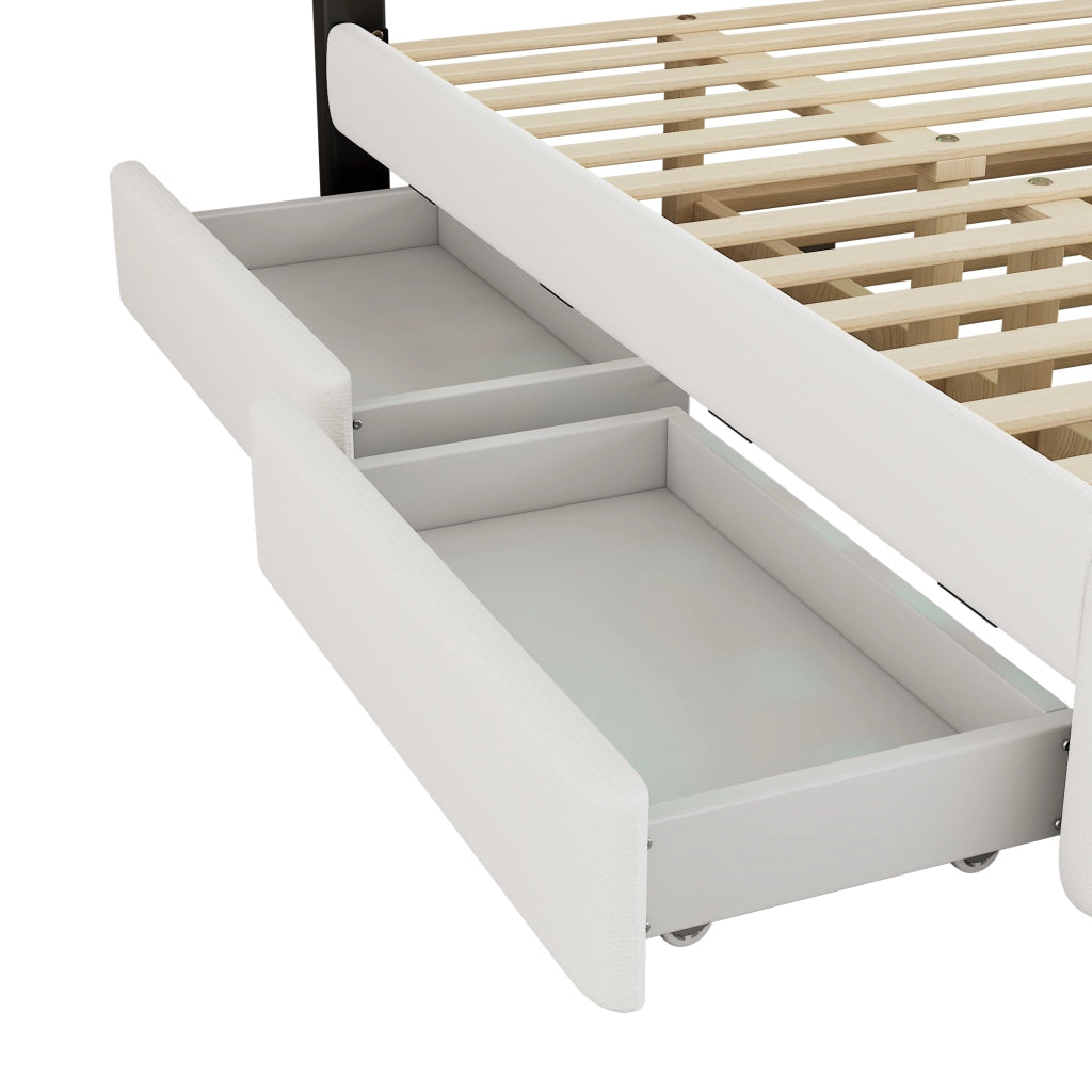 Letto imbottito 140×200 cm bianco con letto estraibile 90×190 cm, 2 cassetti e luce a LED, in tessuto cotone e lino, senza materasso