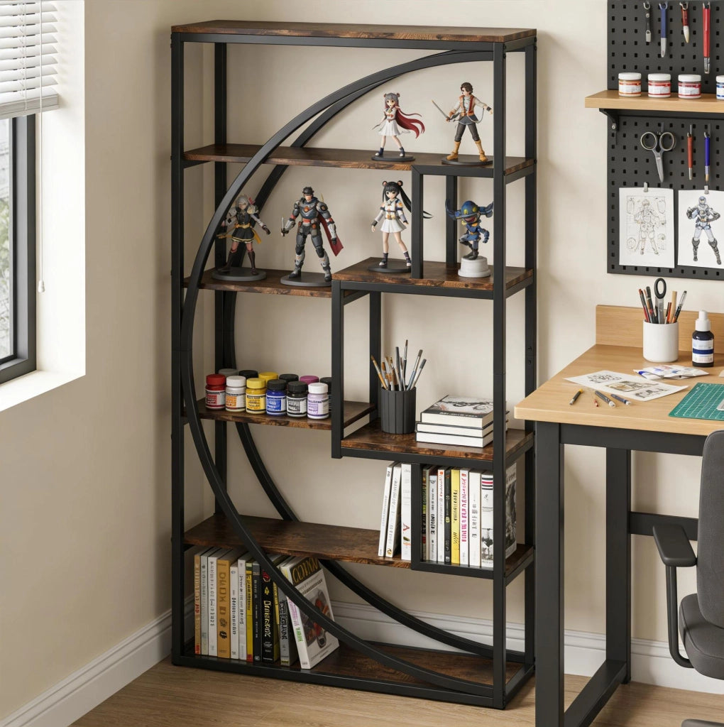 Libreria a 6 Ripiani con Design Geometrico Moderno in Metallo Nero e Legno, 80x35x179 cm