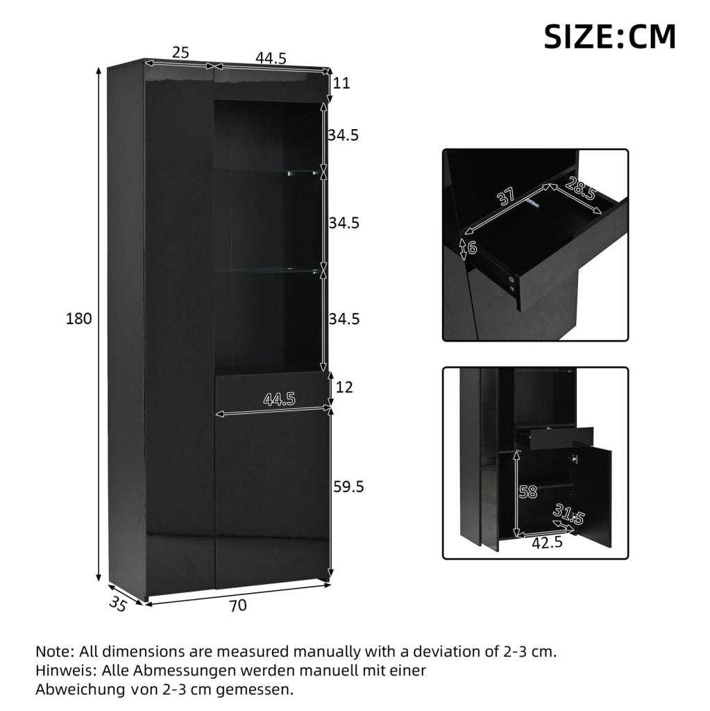 Vetrina nera compatta con LED, ante e cassetto