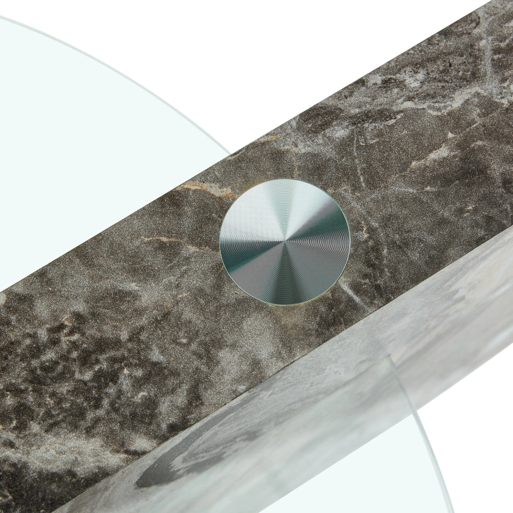 Tavolino basso fisso a due livelli con vetro di sicurezza e base effetto marmo grigio 78.5 × 78.5 × 24.5 cm