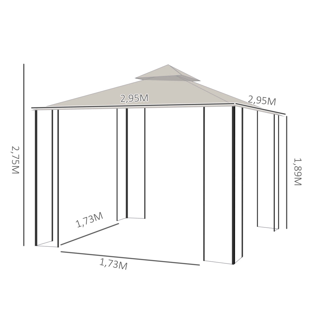 Gazebo da giardino con doppio tetto idrorepellente e zanzariere beige 295 × 295 × 275 cm per feste all'aperto