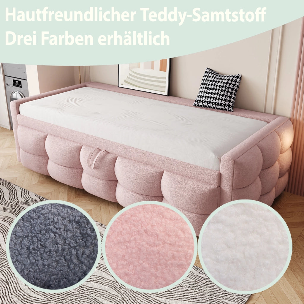 Letto imbottito estraibile singolo e matrimoniale 90/180×190 cm con rete; senza materasso; teddy; rosa