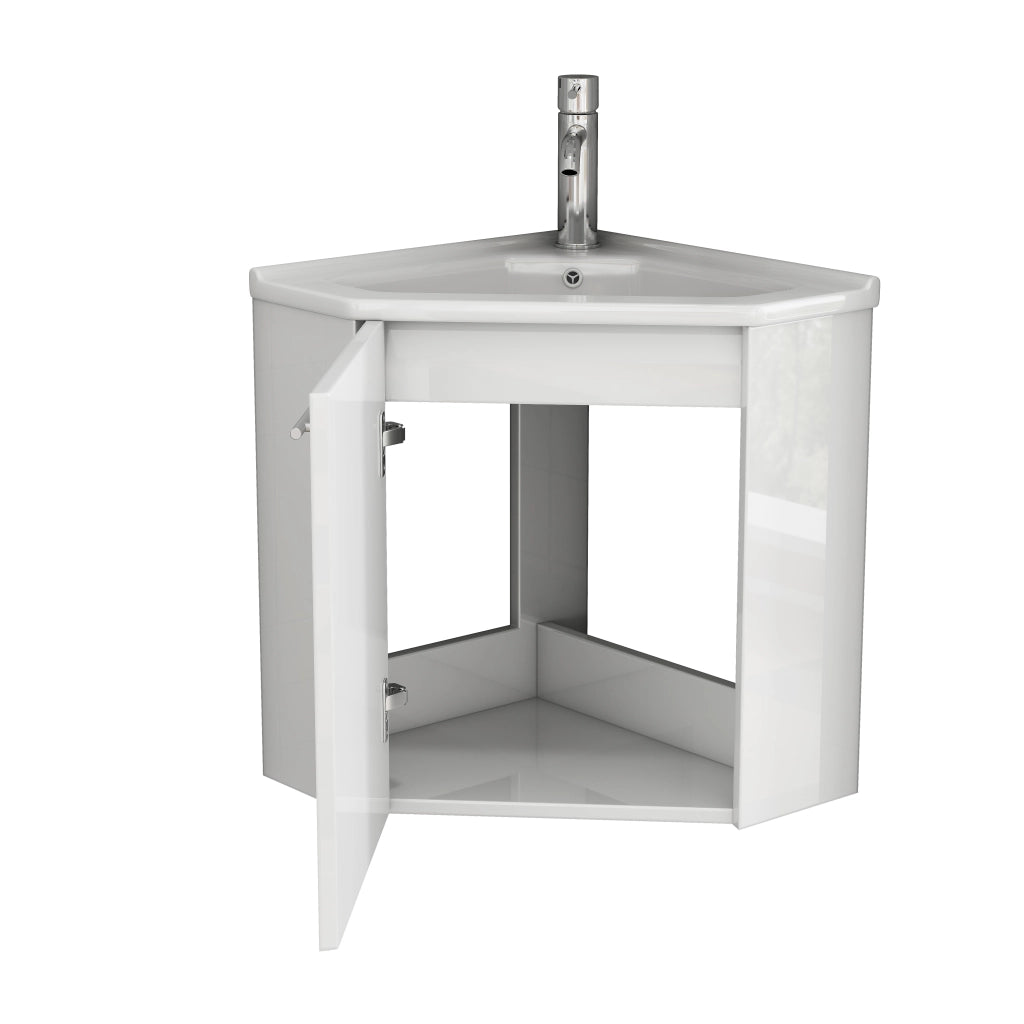 Mobile angolo bagno bianco lucido con lavabo in ceramica e paraschizzi, maniglie in metallo, cerniere ammortizzate, preassemblato