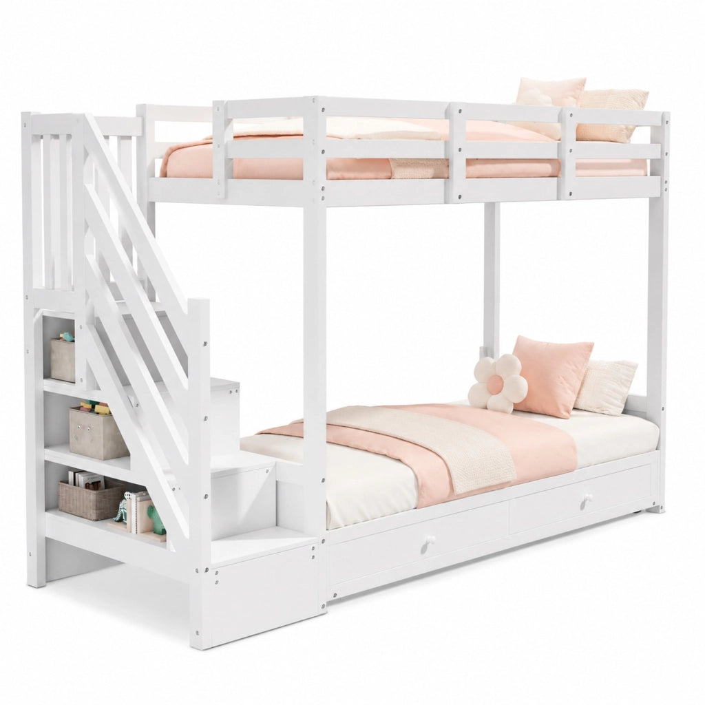Letto a soppalco per bambini 90x200 cm con divano regolabile; scale contenitore e 2 cassetti bianco HOMVRA