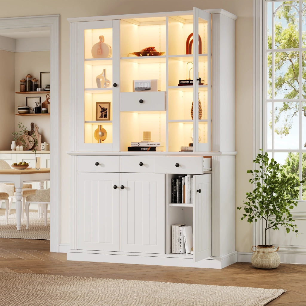 Vetrina con LED, 5 ante, 4 cassetti e 21 vani con ripiani regolabili per soggiorno in MDF bianco, 119.5 × 40 × 180 cm