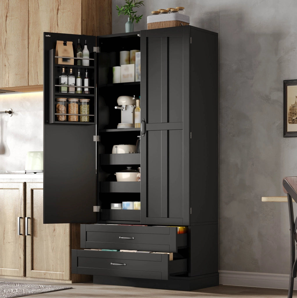 Mobile da cucina alta in MDF con 3 ripiani estraibili, 2 cassetti e ante con scaffali, 80x37,5x180 cm