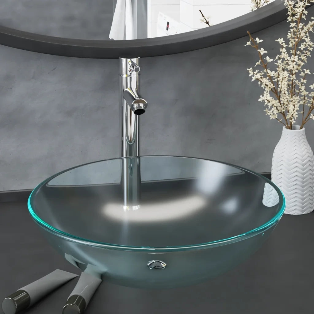 Lavandino con Rubinetto e Piletta in Vetro Temperato Satinato 3098444