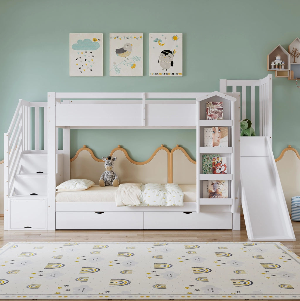 Letto a castello per bambini con scivolo, due cassetti su rotelle e scaletta con armadietto, bianco 90x200 cm