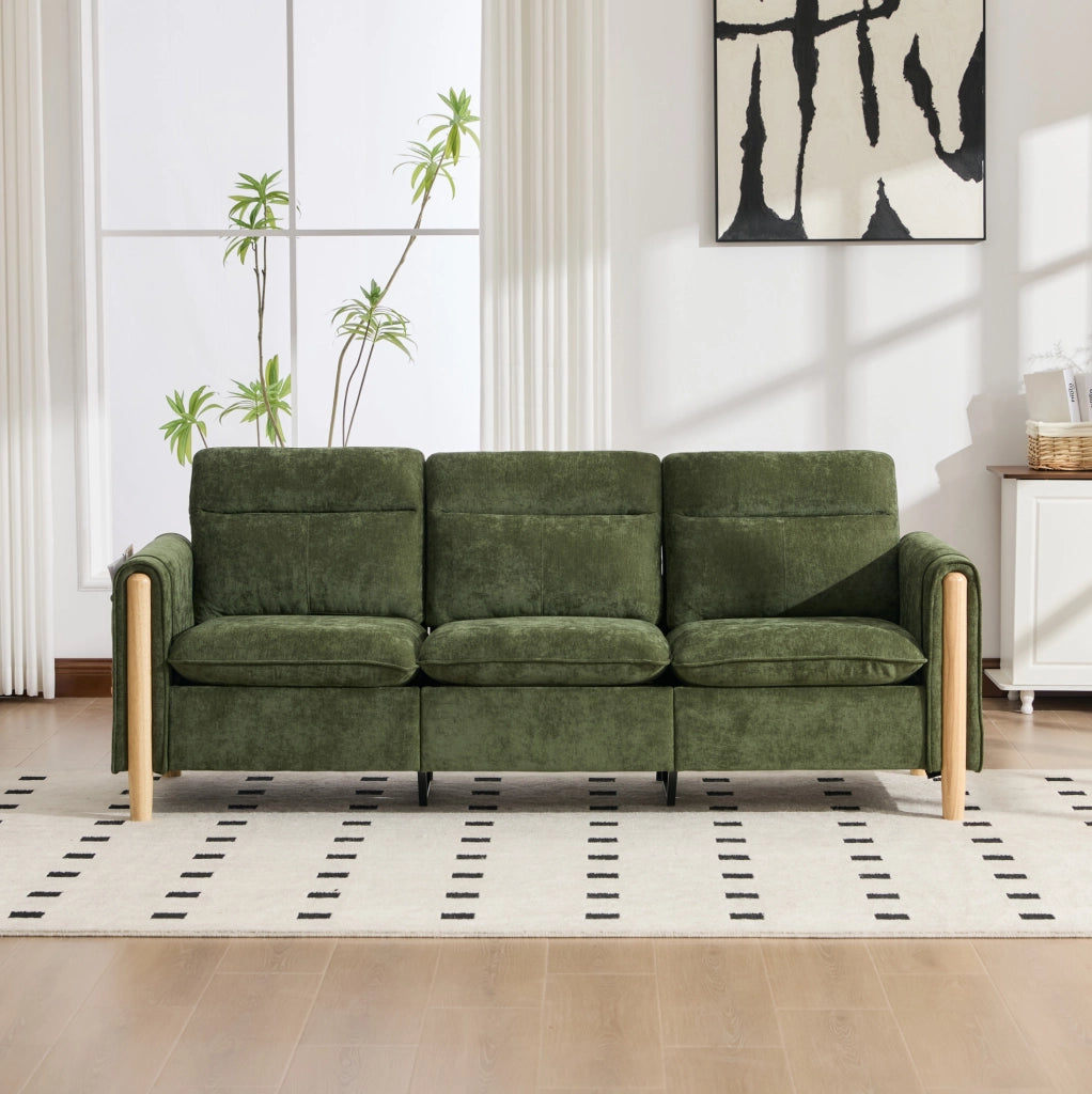 Divano angolare a tre posti in chenille verde con poggiapiedi contenitore e gambe in legno, stile nordico