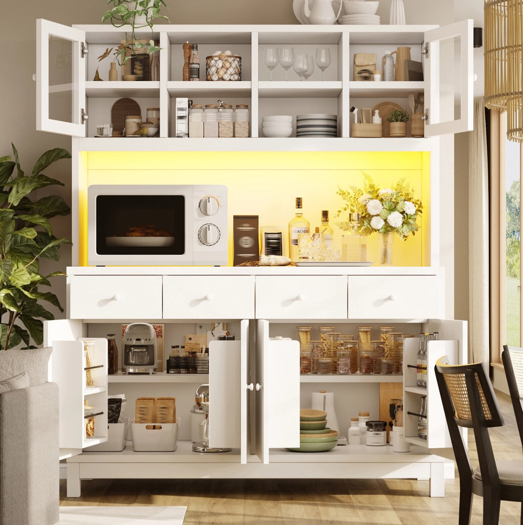 Buffet alto 140x38,5x180 cm con LED RGB controllate via app, ante in vetro, 4 cassetti e ripiani regolabili, effetto legno naturale