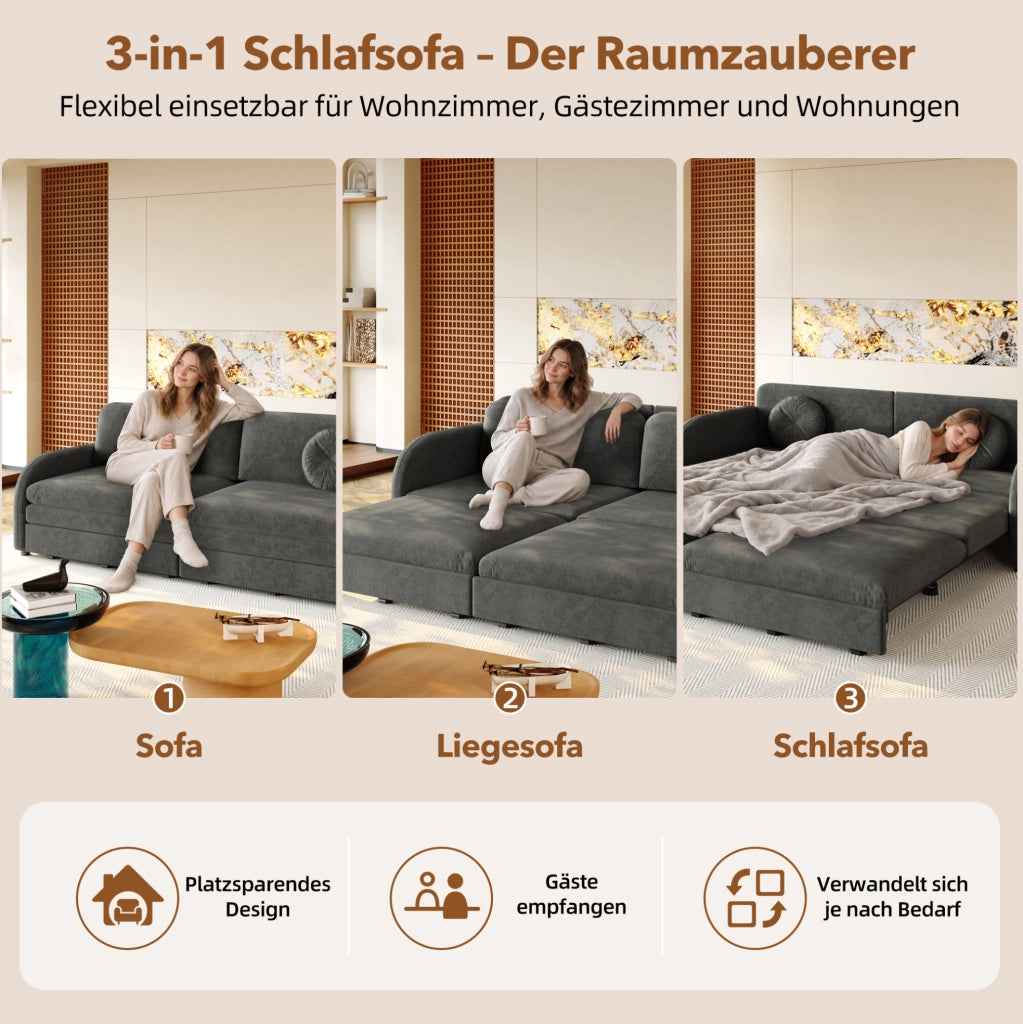 Divano letto estraibile ULEVR 3 in 1 in ciniglia grigio con tasche laterali e cuscini regolabili