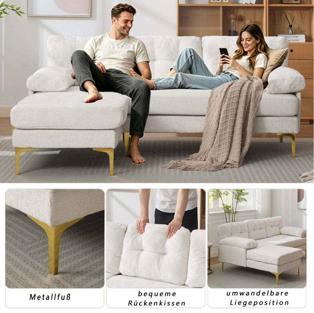 Divano angolare ULEVR 3 posti 187,5x130 cm con chaise longue reversibile, rivestimento in ciniglia beige
