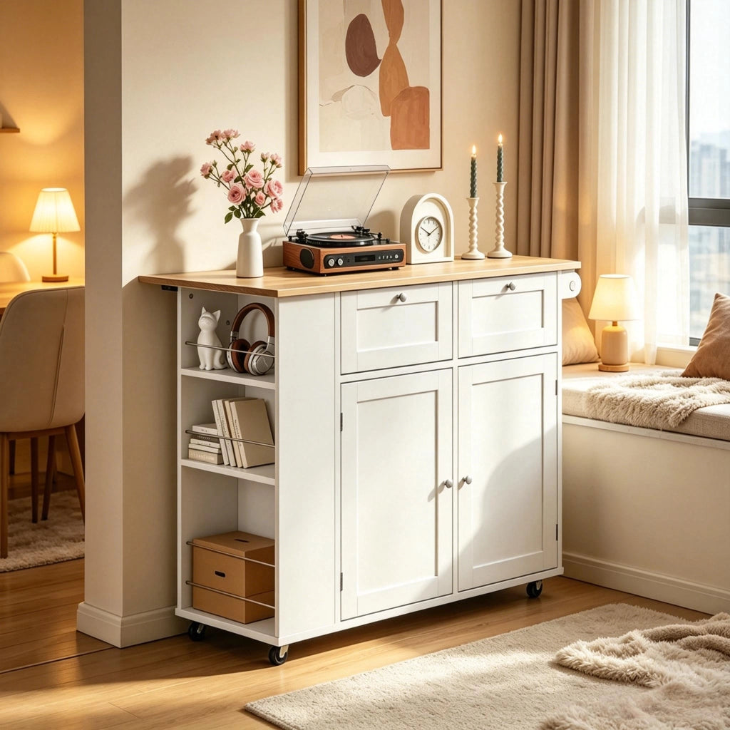 Credenza da cucina con 2 cassetti, 4 vani e ruote per cucina in metallo e truciolare bianco rovere chiaro