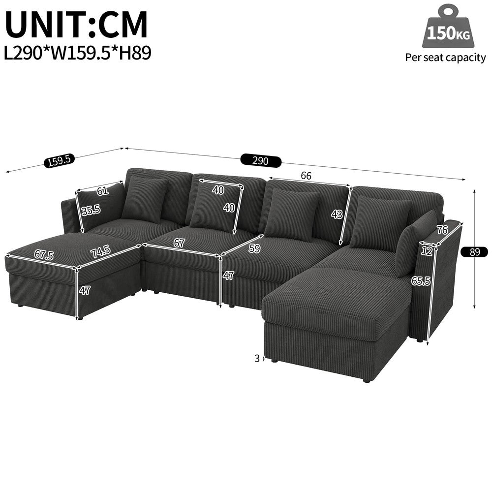 Divano angolare 6 posti ¨C Minimal ¨C grigio tessuto con braccioli regolabili poggiapiedi rimovibile